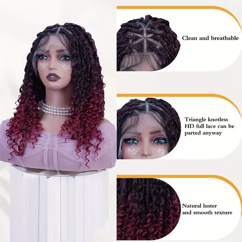 350% Density Ombre Burgundy/Brown Full HD Lace synthetic Wig With Invisi Drawstring Full Lace Knotless Bohemian Braided Curls