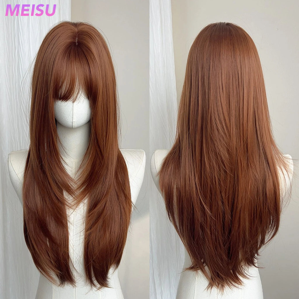 MEISU 26 Inch Straight Synthetic Wig Layered Dark Orange Heat-Resistant Natural Smooth Hair Stylish Party Bangs Wigs For Women