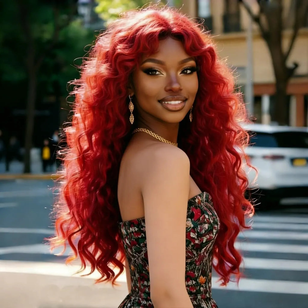 Long Deep Wave Wigs Red Synthetic Lace Front Wig 13x4 HD  Synthetic Wigs for Women Music Festival Dance Party Street Wear Use