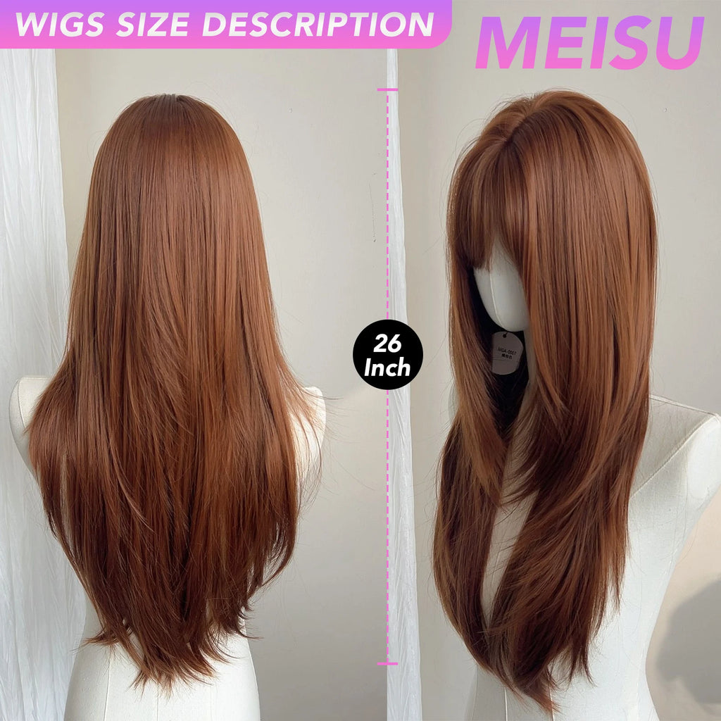MEISU 26 Inch Straight Synthetic Wig Layered Dark Orange Heat-Resistant Natural Smooth Hair Stylish Party Bangs Wigs For Women