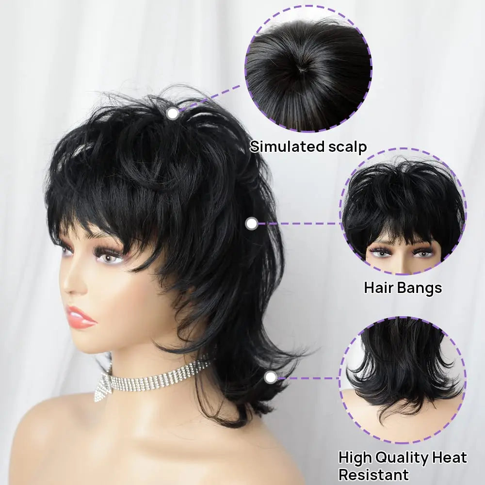 Short wig shaggy Layered 80s Mullet wig Pixie Cut wig WithBangs Curly Synthetic Fake Hair For Women Party Cosplay Use