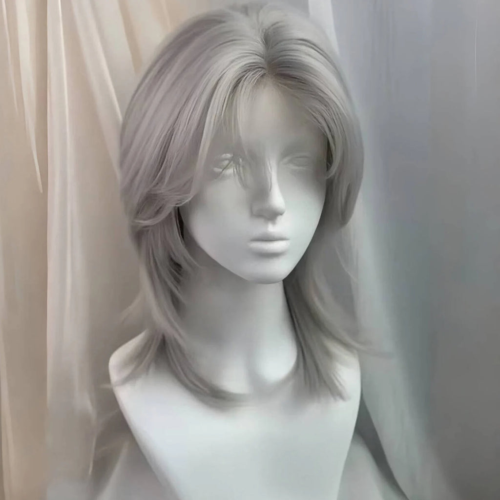 Lolita Synthetic Wig Forehead Lace Wolf Tail Short Curly Hair silver grey Layering Daily Fluffy Wig Full Head Unisex Daily Hallo