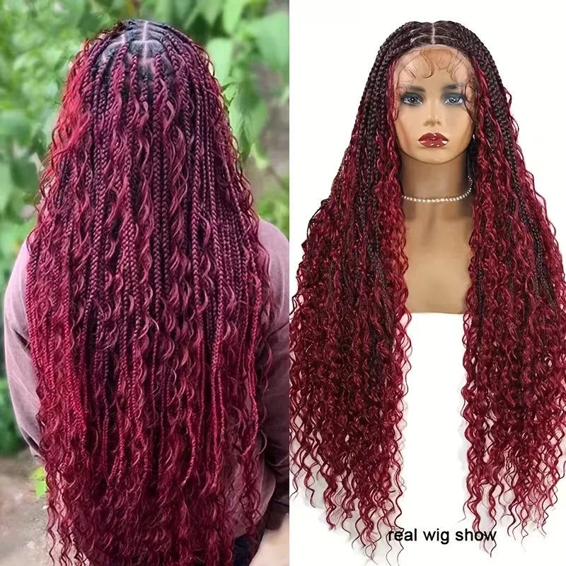 350% Density Ombre Burgundy/Brown Full HD Lace synthetic Wig With Invisi Drawstring Full Lace Knotless Bohemian Braided Curls