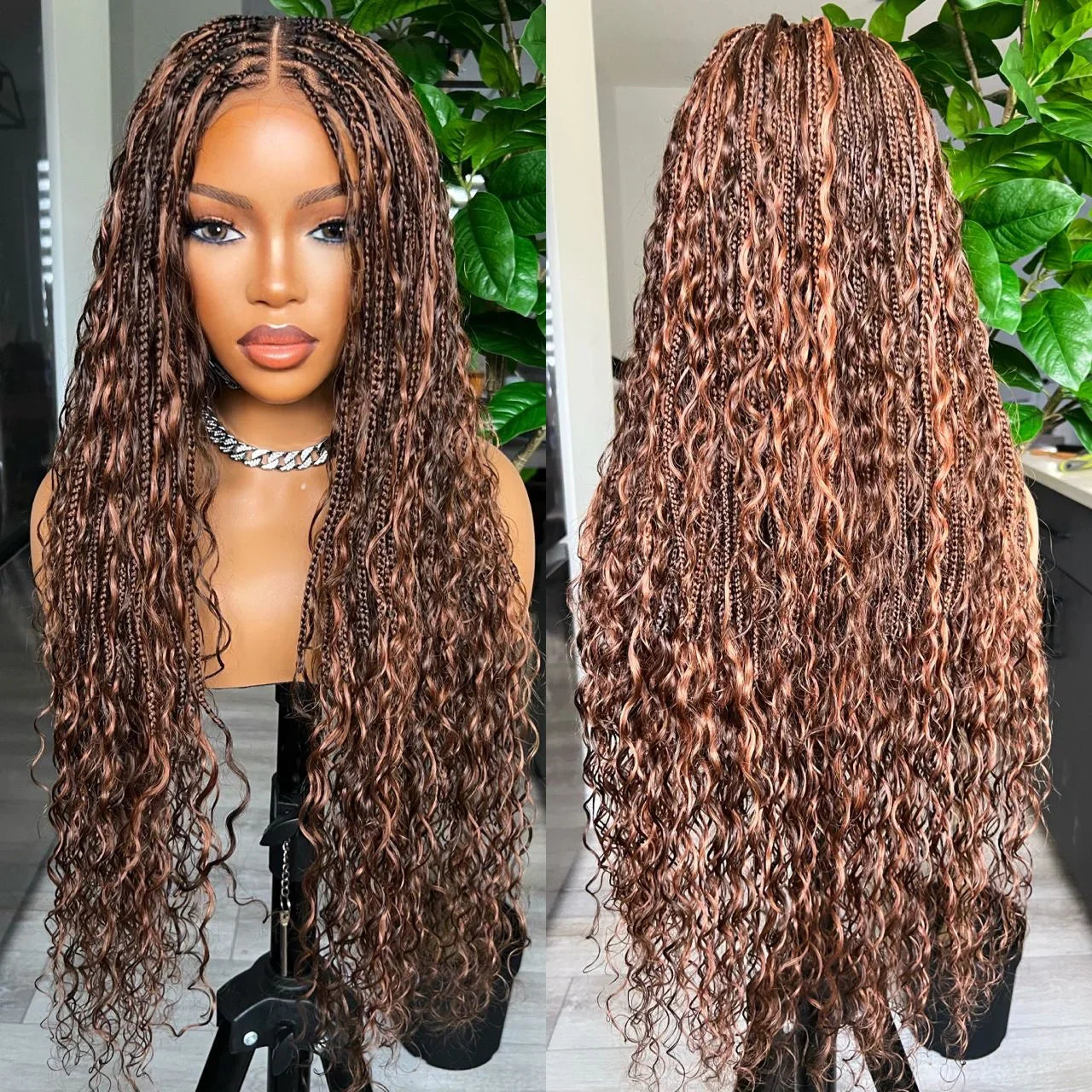 350% Density Ombre Burgundy/Brown Full HD Lace synthetic Wig With Invisi Drawstring Full Lace Knotless Bohemian Braided Curls